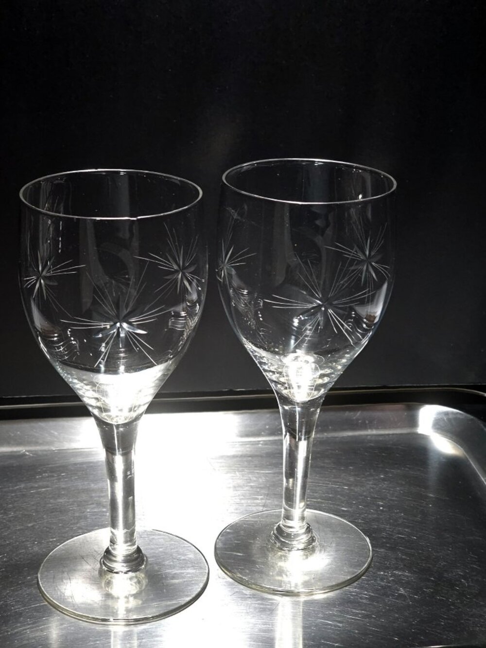 2 Vintage Starburst Wine Glasses 6.75" etched water goblets six point star read*